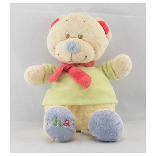 Doudou chat écru vert bleu